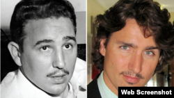 Fidel Castro joven y Justin Trudeau luciendo un bigote similar al fallecido dictador cubano. (Combo de fotografías/National Post)